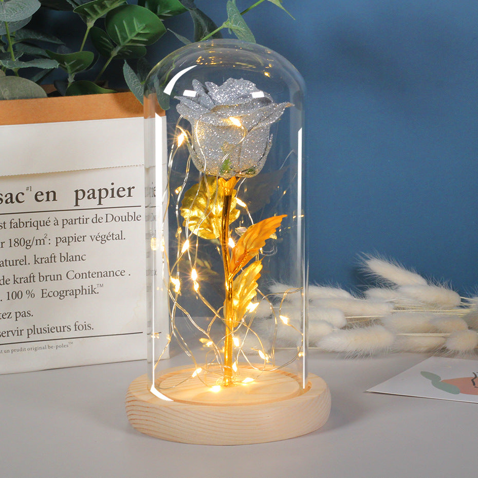 Preserved rose under glass dome with lights