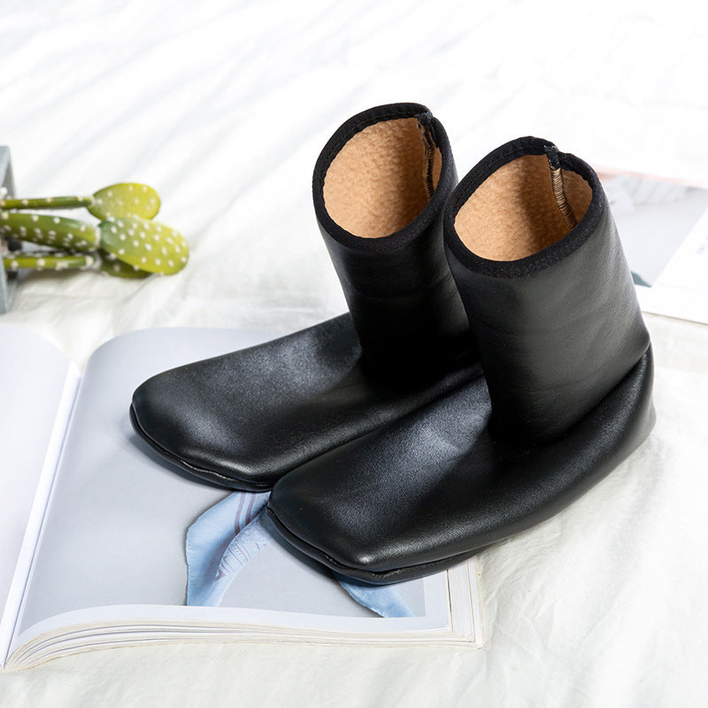 Black faux leather fleece-lined slipper boots