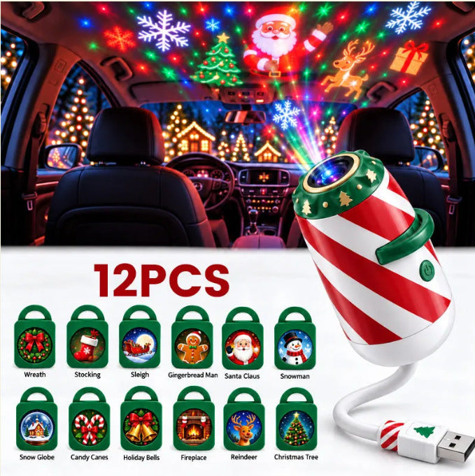 Striped gooseneck projector lighting a car ceiling with Christmas motifs