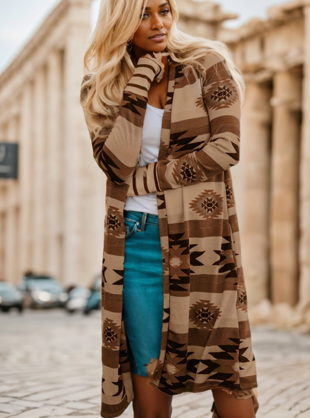 Woman in a long color-block cardigan