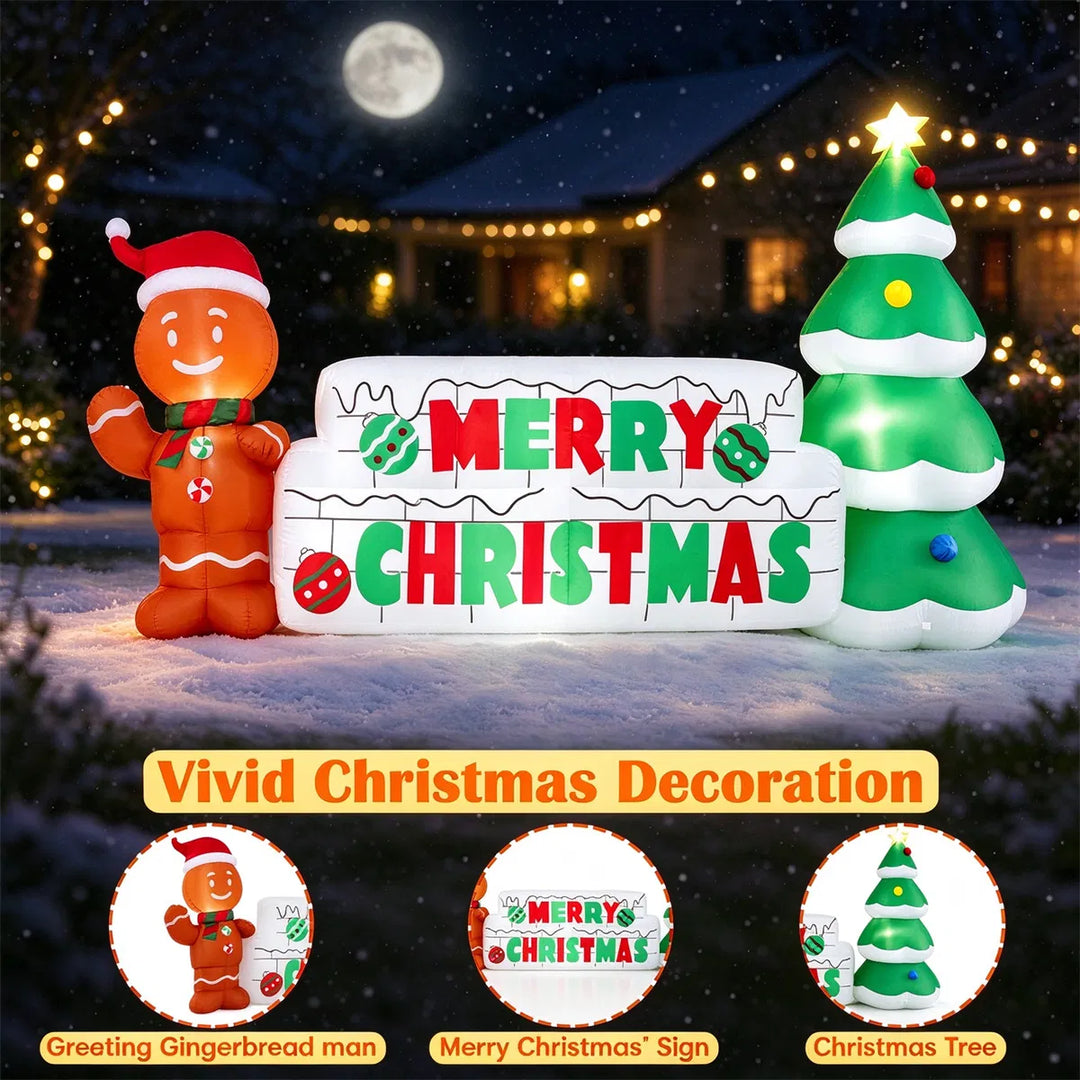 Inflatable Merry Christmas sign with gingerbread man on a lawn