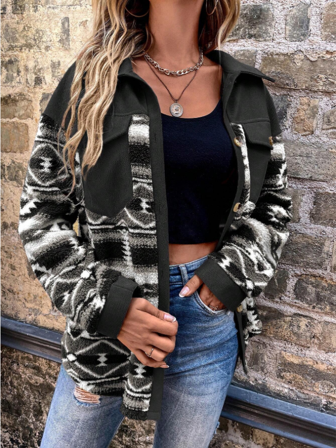 Woman wearing a pink shacket with print sleeves