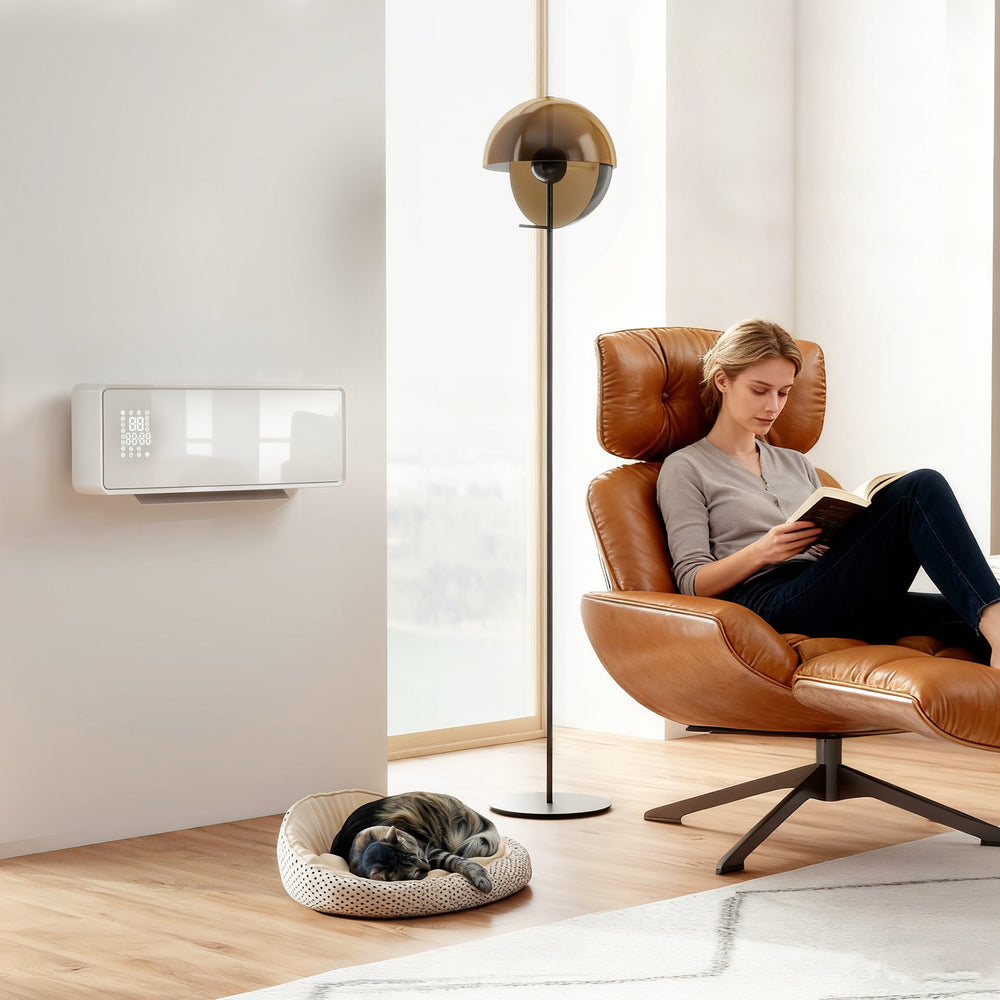 White glass-fronted wall heater with remote control