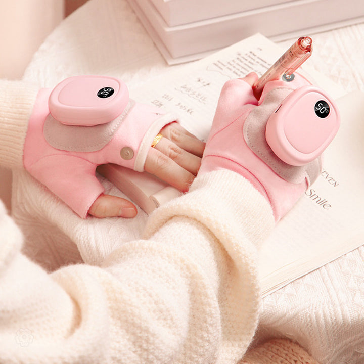 USB heated flip top mittens on hands