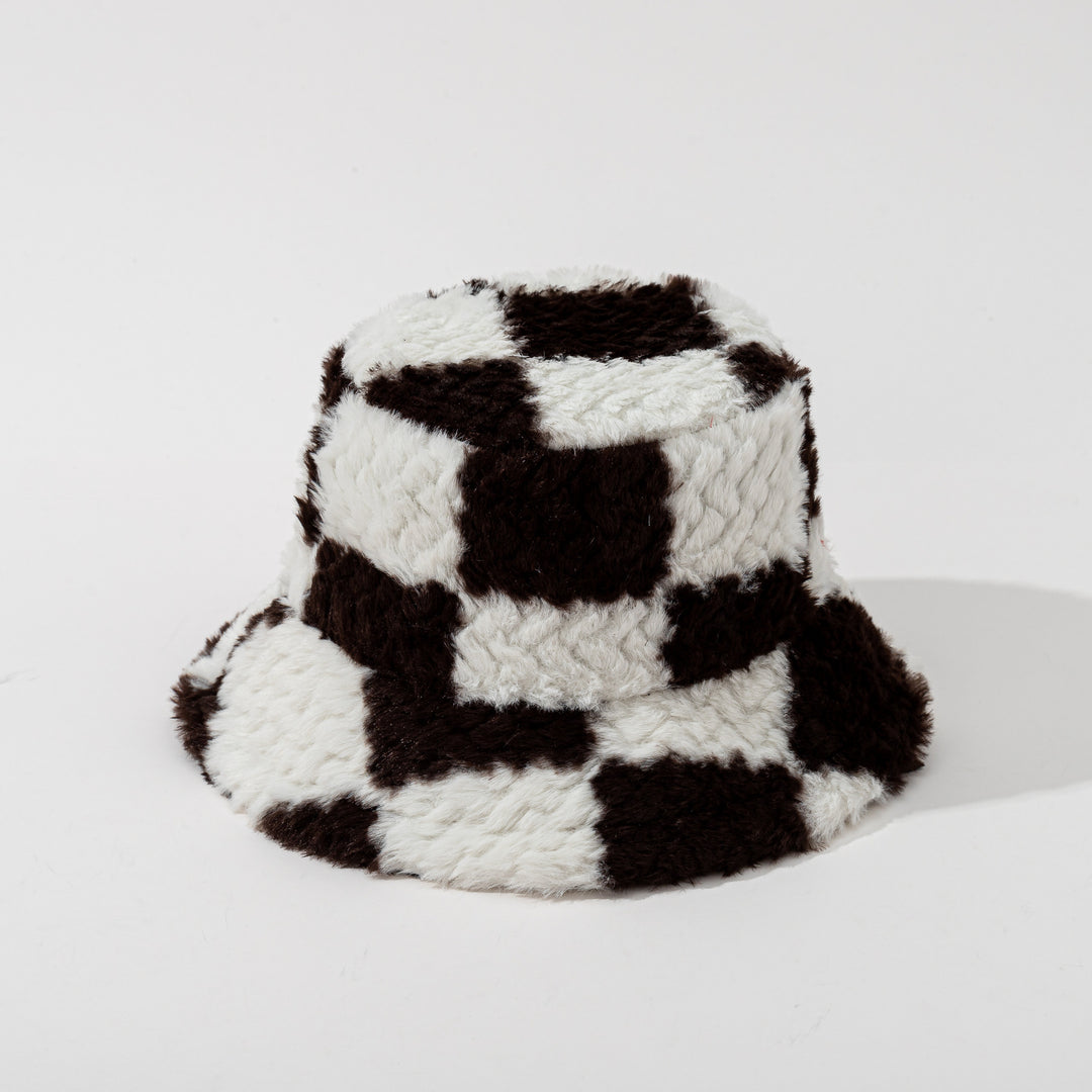 Checkered teddy plush bucket hat