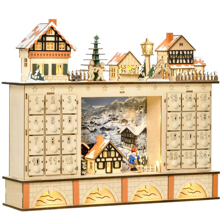 Lit wooden Christmas village advent calendar