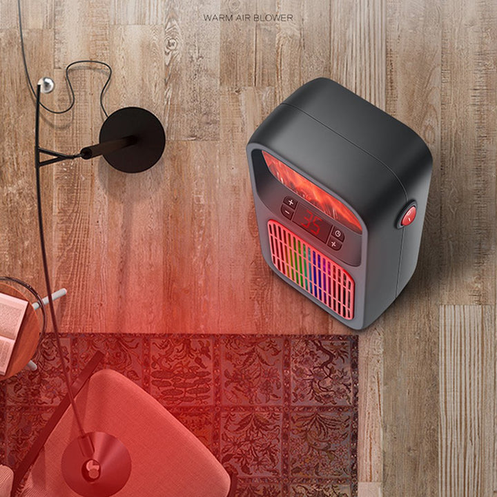 Black mini plug-in heater with flame effect