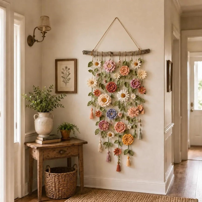 Boho fabric flower wall hanging on wooden branch