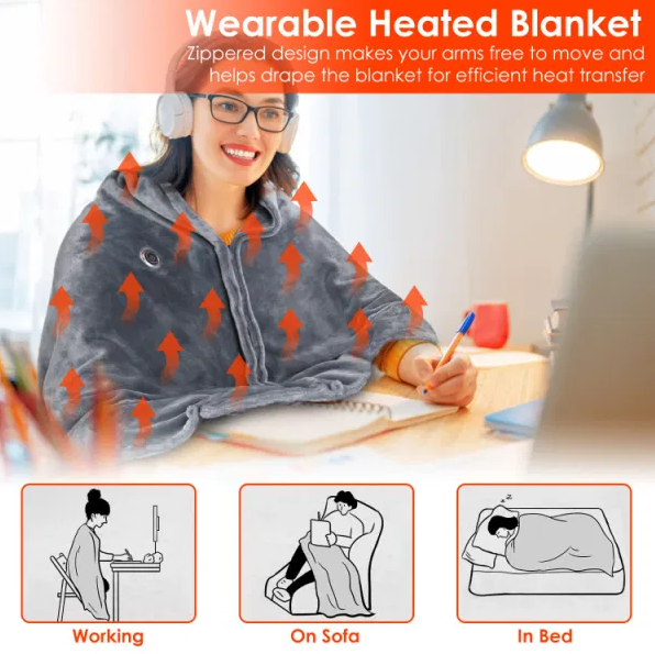 USB Heated Poncho Blanket with Zipper, 59 x 31 in, Gray
