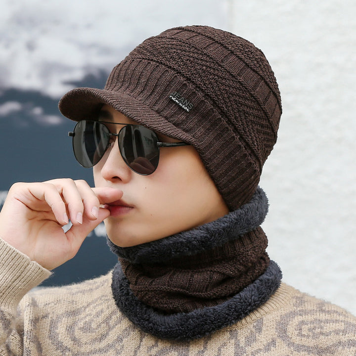Gray peaked knit beanie with matching neck warmer