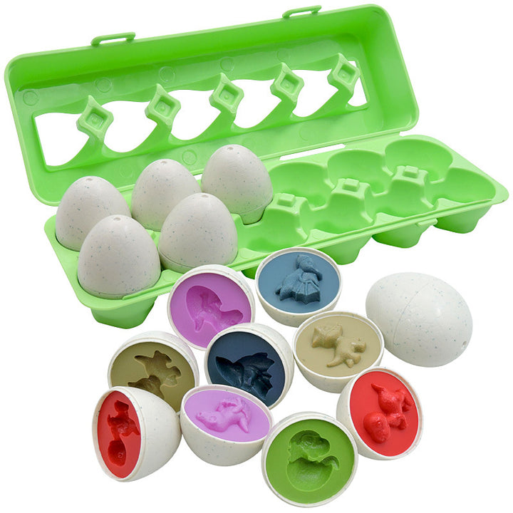 Twelve shape-matching toy eggs in carton