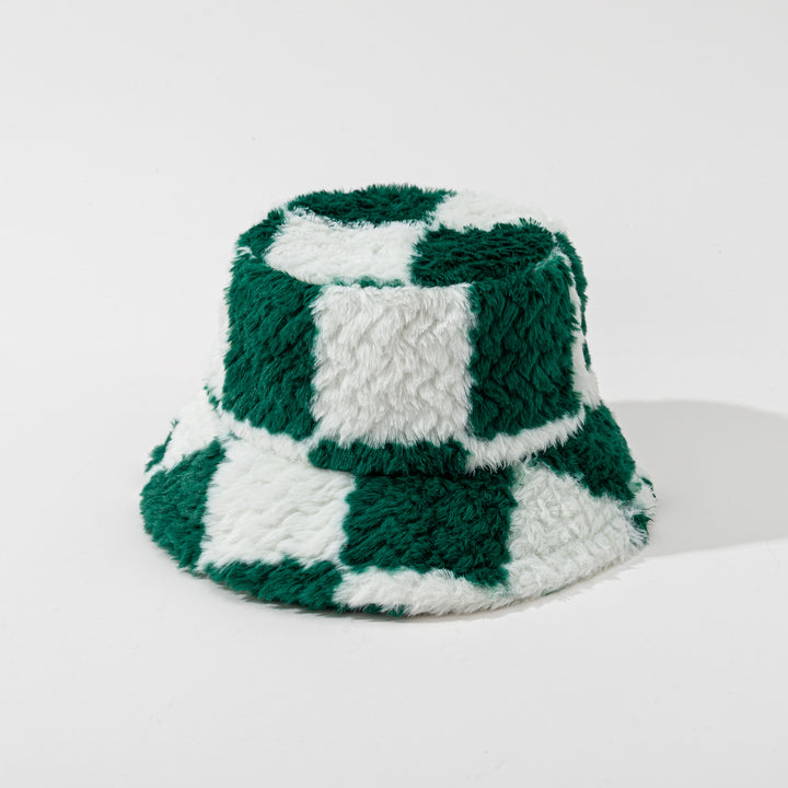 Checkered teddy plush bucket hat