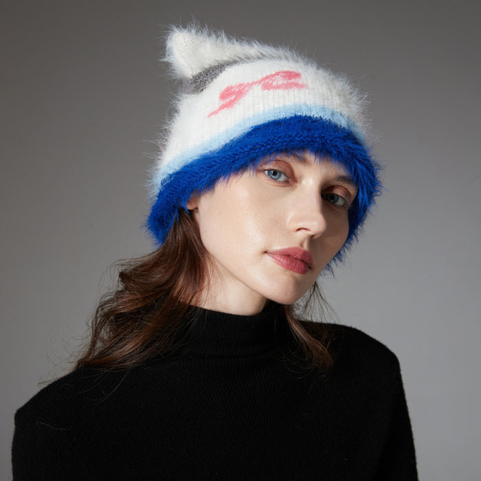 Heat Grove Shaggy Cat Ear Beanie with Bow Pattern