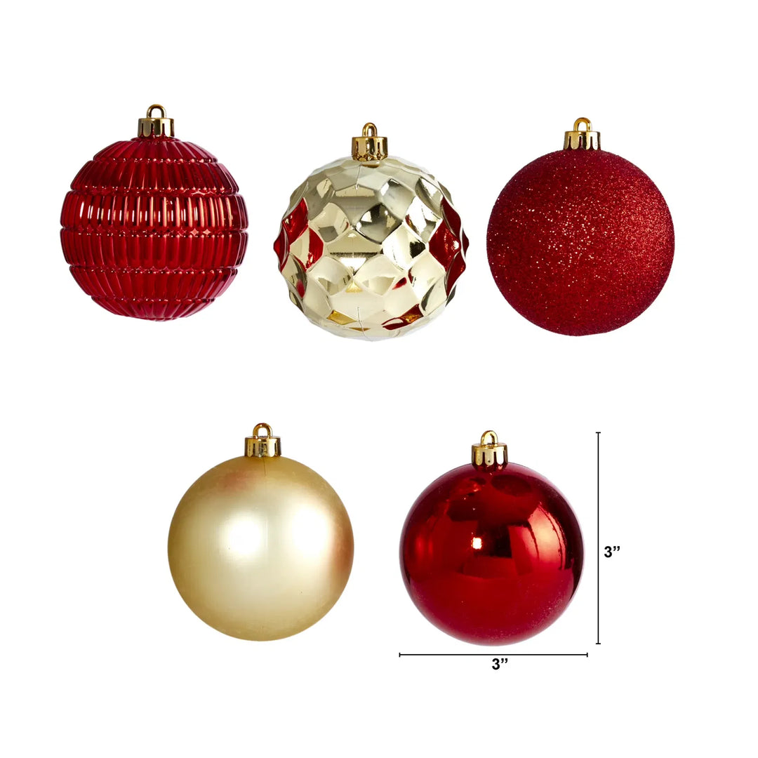 Red and gold shatterproof Christmas ball ornaments in a box