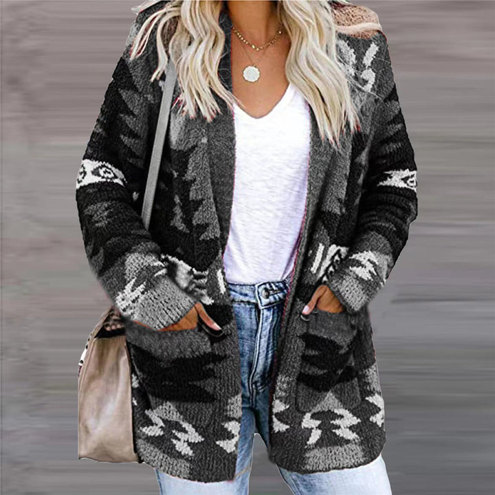 Woman in a geometric open-front cardigan