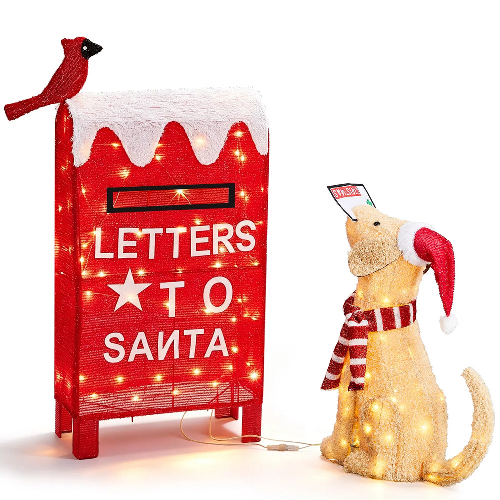 Lighted red mailbox and dog Christmas figures