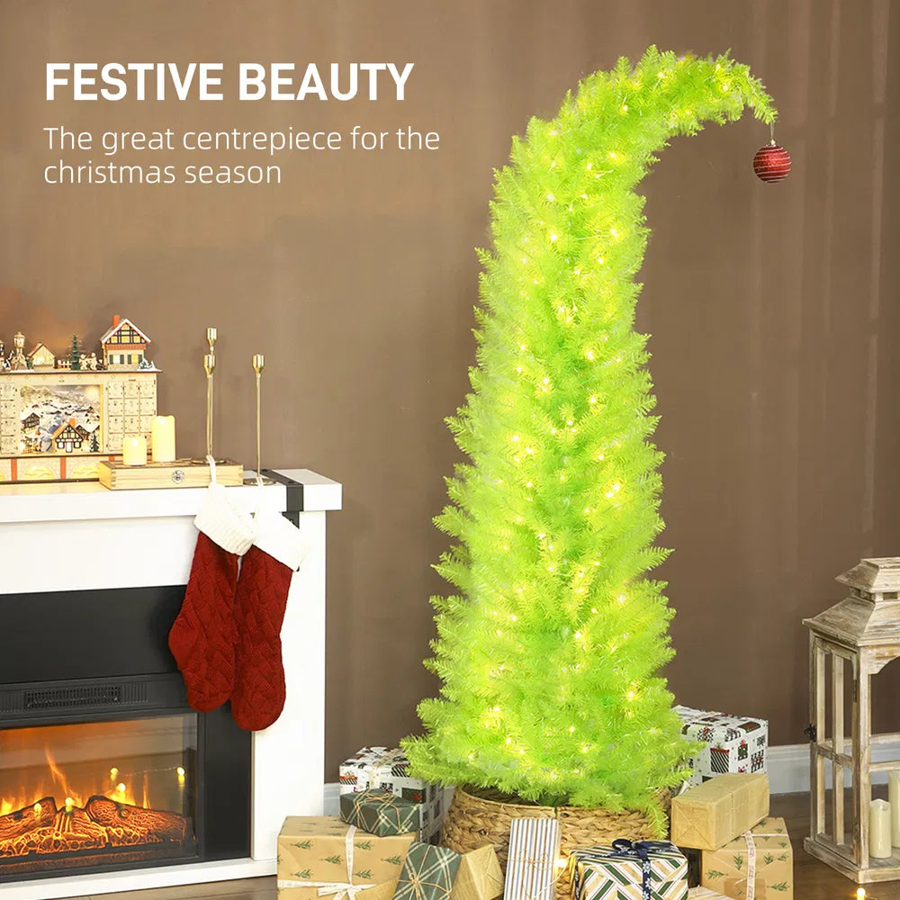 Lime green whimsical tree with bent top and red ball