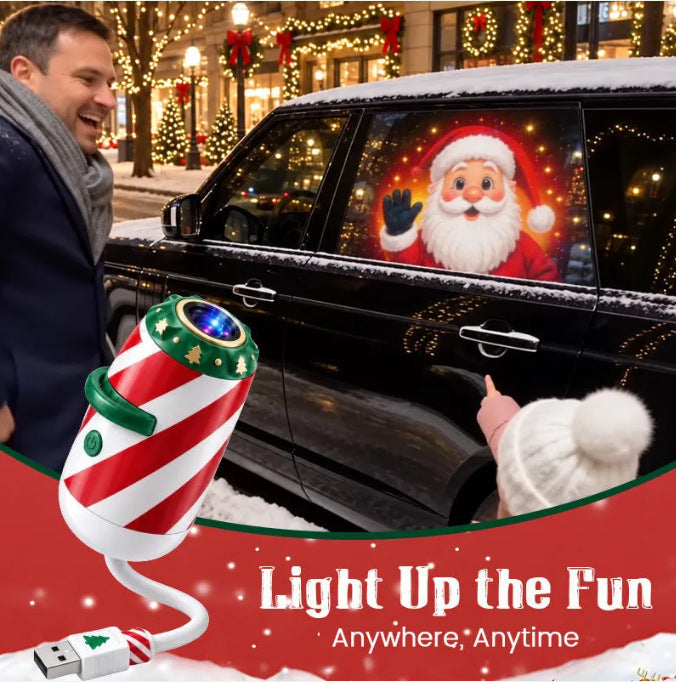 Striped gooseneck projector lighting a car ceiling with Christmas motifs