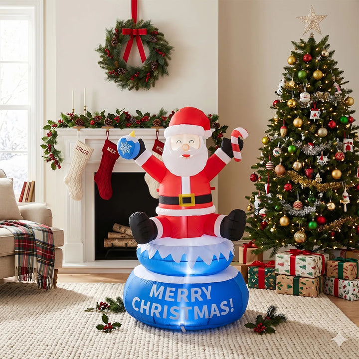 Inflatable lighted Santa on a rotating Merry Christmas base