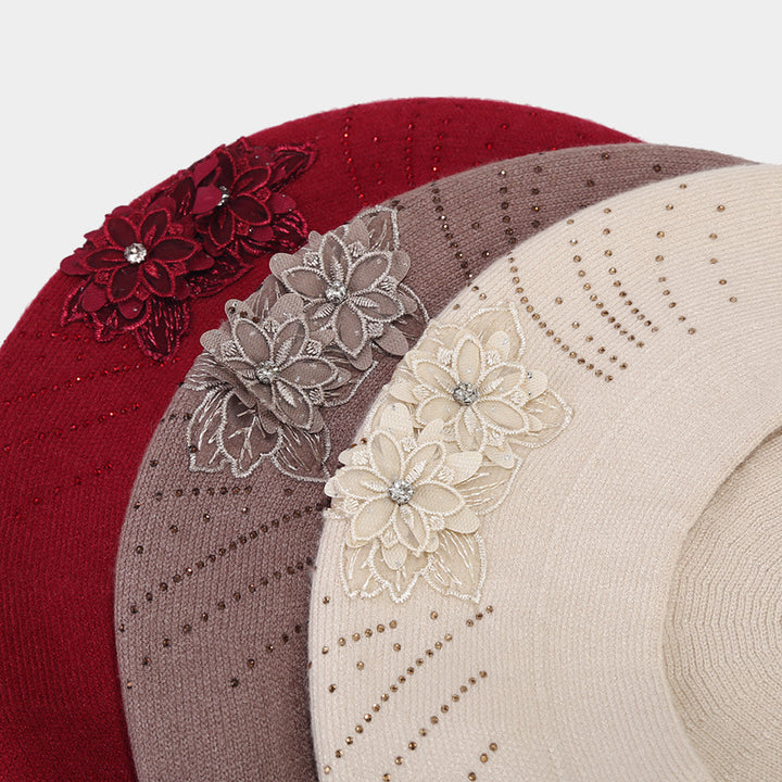 French knit beret with flower and rhinestones