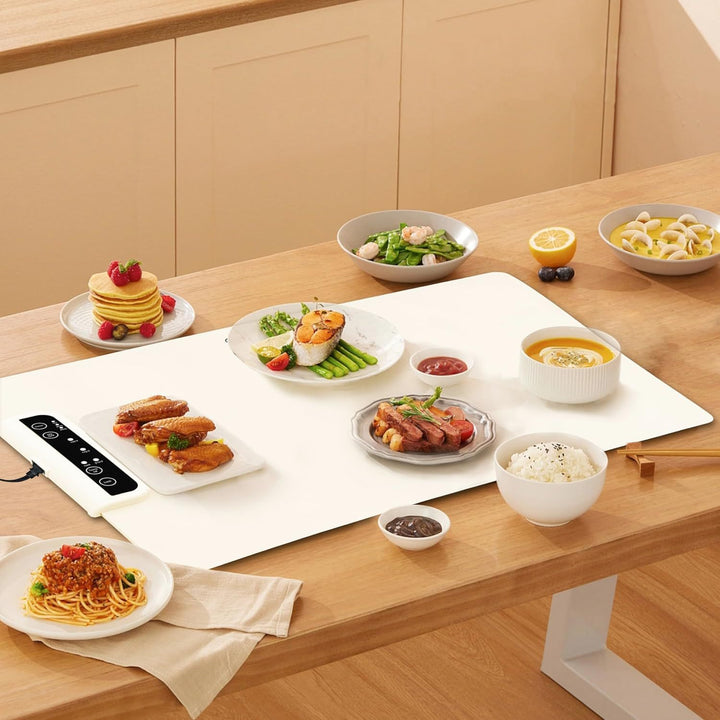 Roll-up food warming mat with dishes