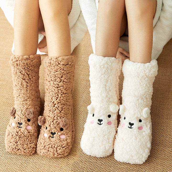 Pink fluffy floor socks with embroidered bunny face