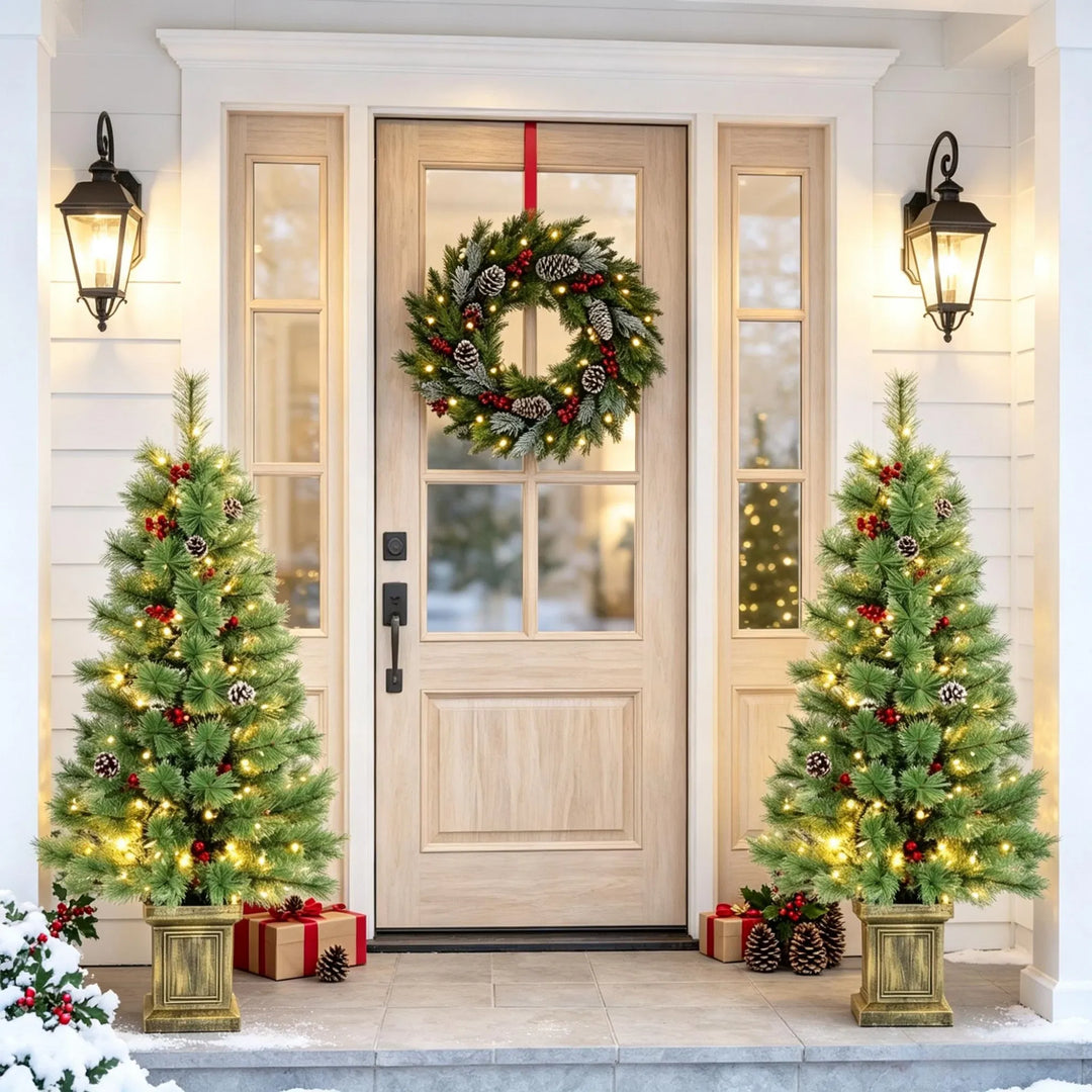 Two potted porch pine trees with berries