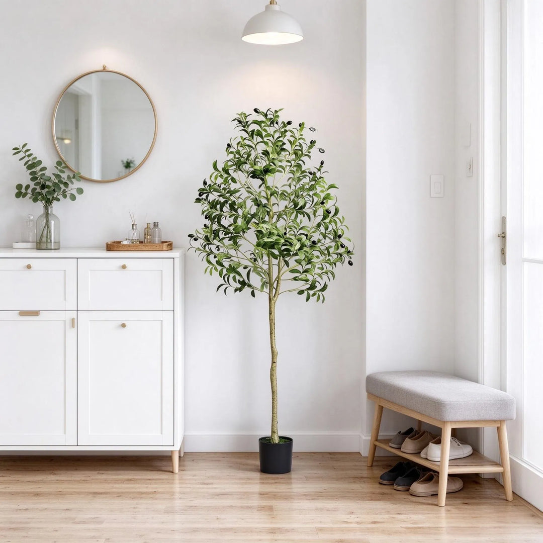 Artificial potted olive tree in living room