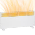 White freestanding convection heater on a wood floor