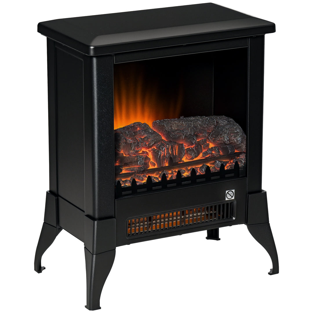 Black electric stove with open front and flames