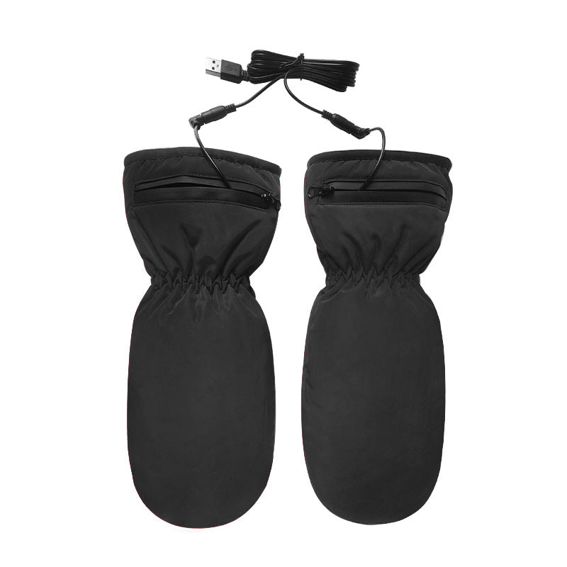 Black USB heated mittens with zip pocket