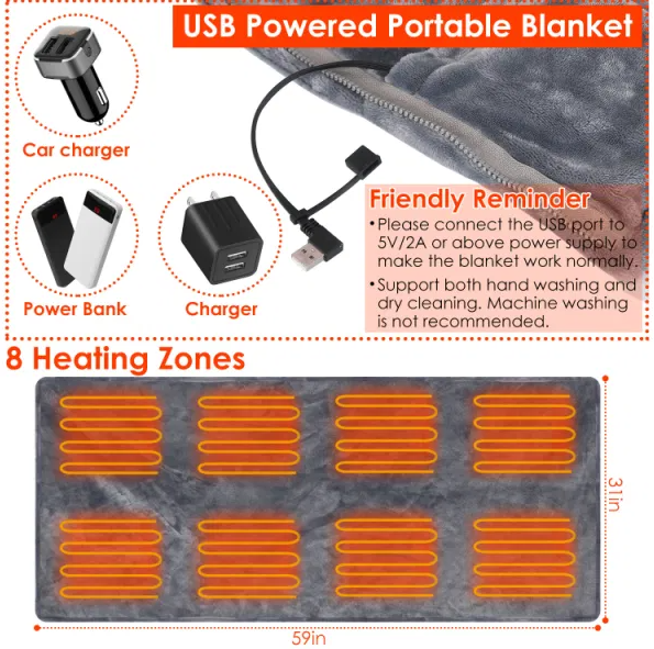 USB Heated Poncho Blanket with Zipper, 59 x 31 in, Gray