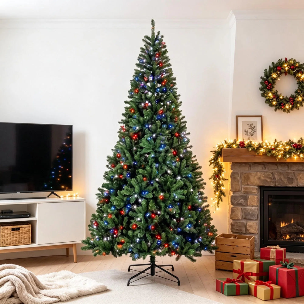 Tall pre-lit fir tree with colorful lights