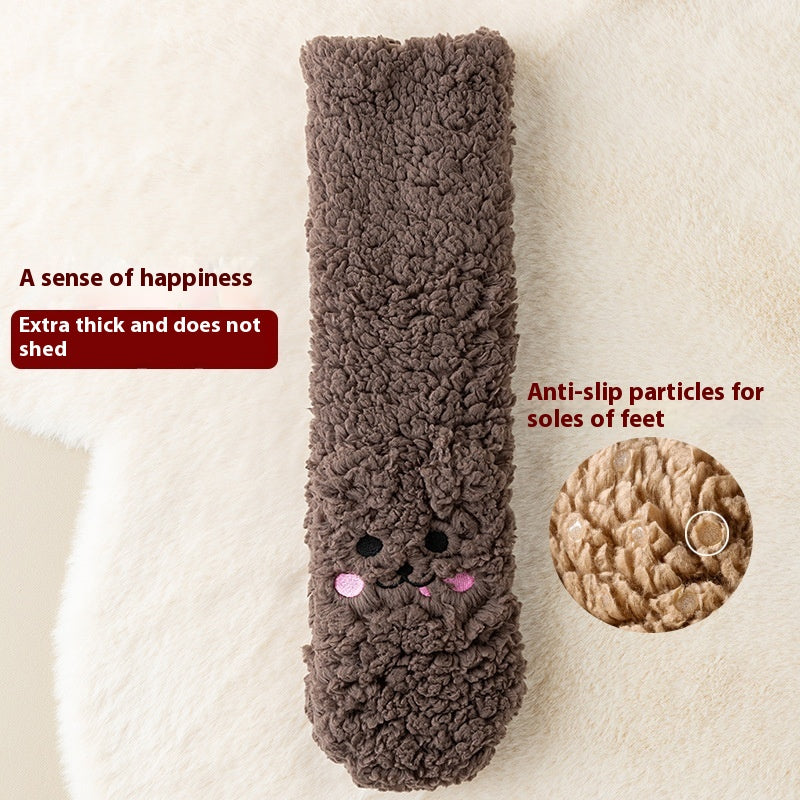 Pink fluffy floor socks with embroidered bunny face