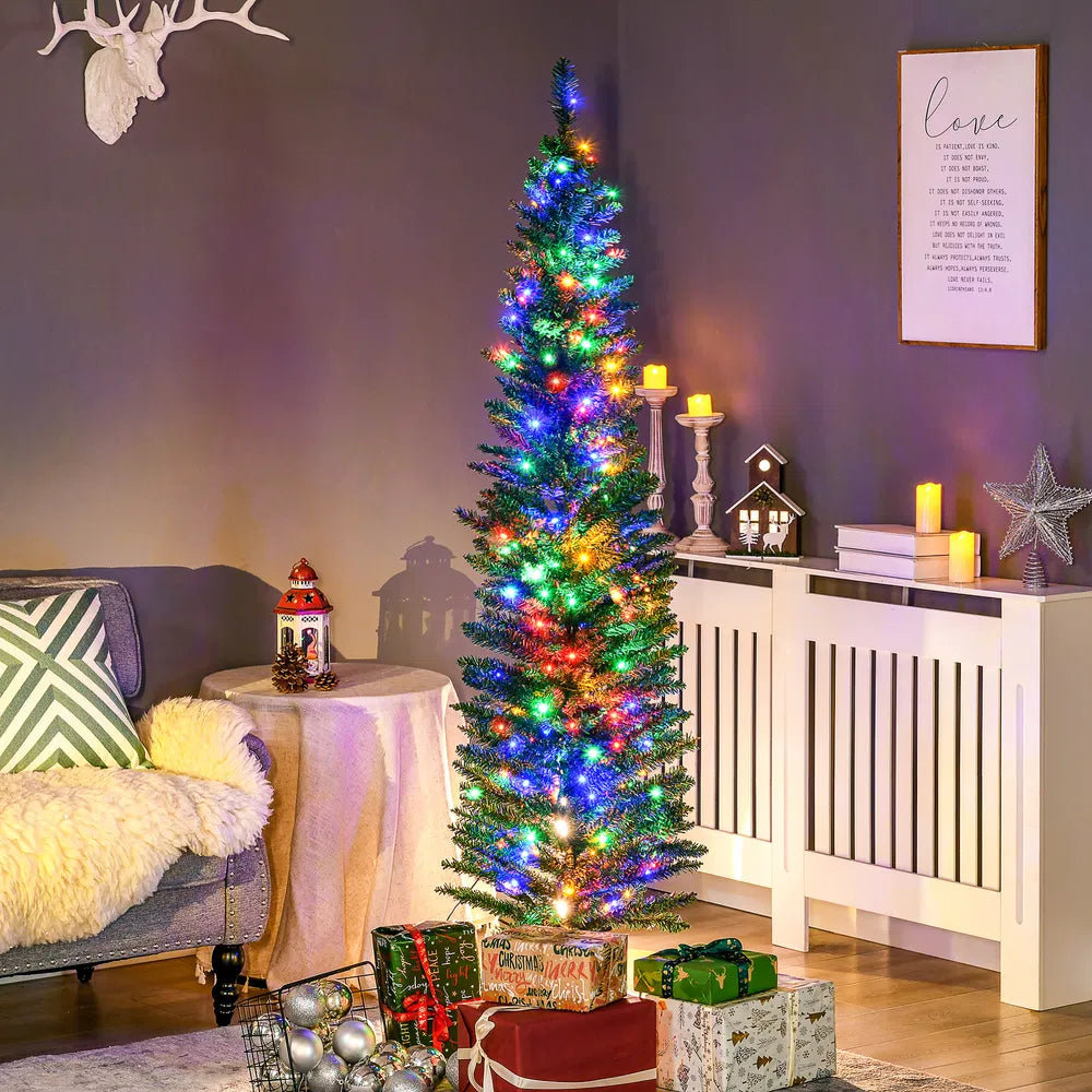 Green slim Christmas tree with multicolor lights