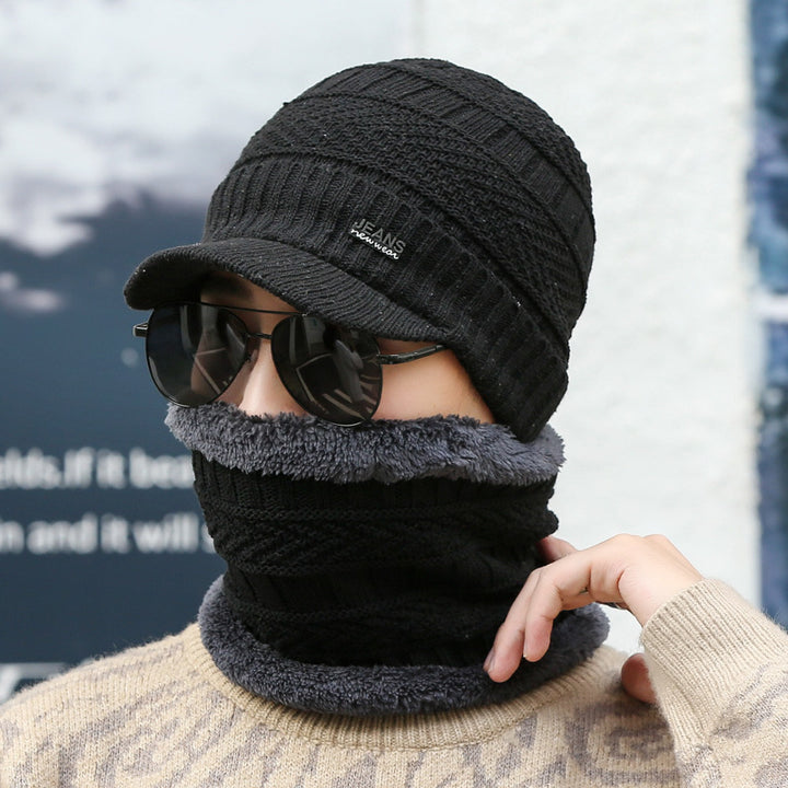 Gray peaked knit beanie with matching neck warmer