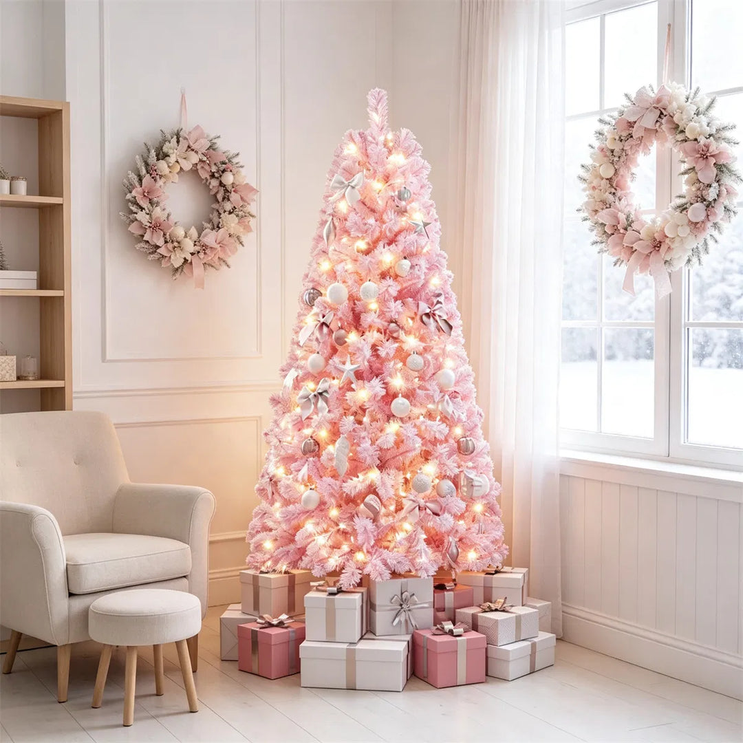 Small pink flocked pre-lit Christmas tree