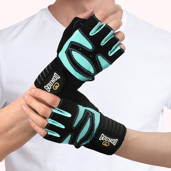 Black half-finger gym gloves with wrist wrap