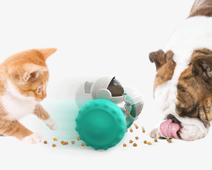 Wobbling robot treat dispensing pet toy