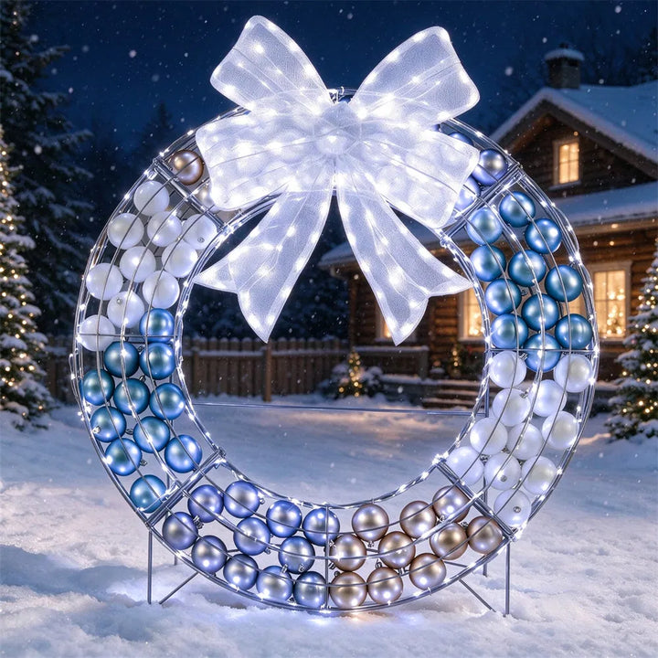 Freestanding lighted Christmas wreath with ornaments