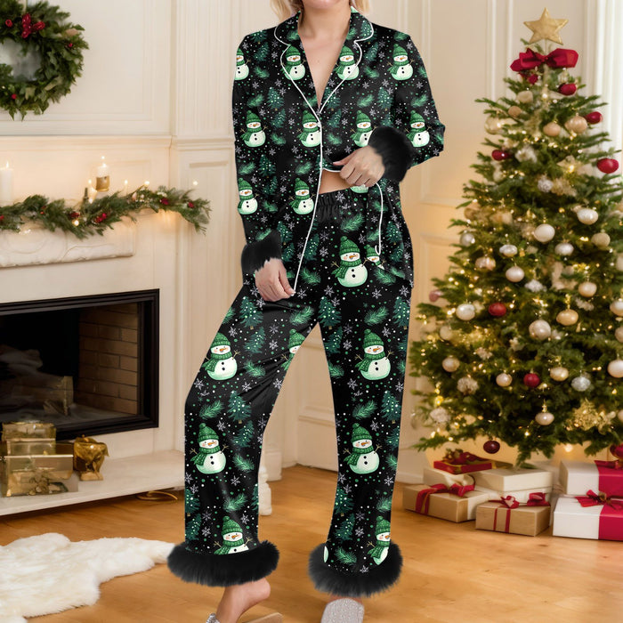 Heat Grove Christmas Button-Up Pajama Set with Faux-Fur Cuffs