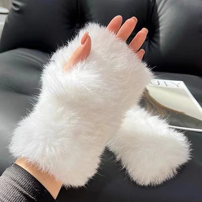 Heat Grove Fluffy Rabbit Fur Fingerless Mittens with Thumb Hole