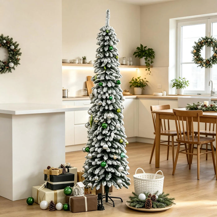 Heat Grove 7 ft Slim Snow-Flocked Pencil Christmas Tree, Unlit
