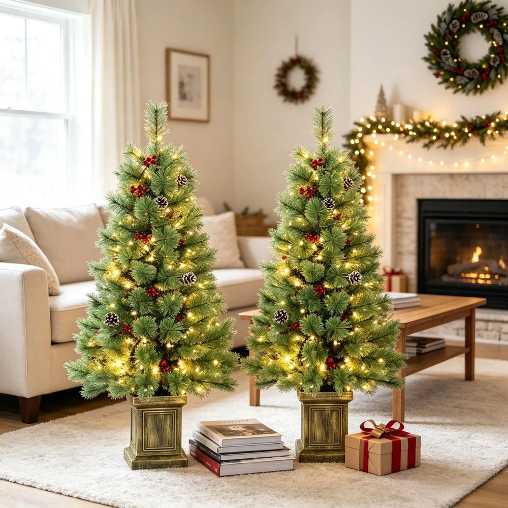Two potted porch pine trees with berries