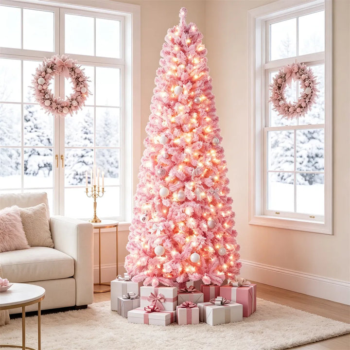 Full pink flocked Christmas tree with lights