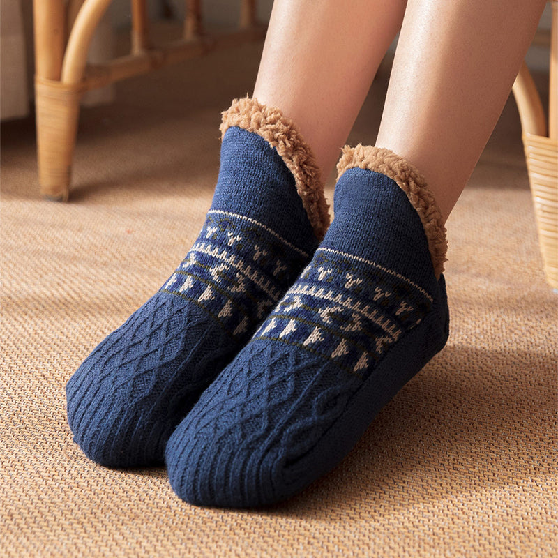 Knit slipper socks with fleece cuff