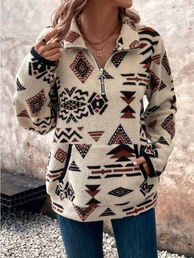 Heat Grove Half-Zip Fleece Sweatshirt with Geometric Print