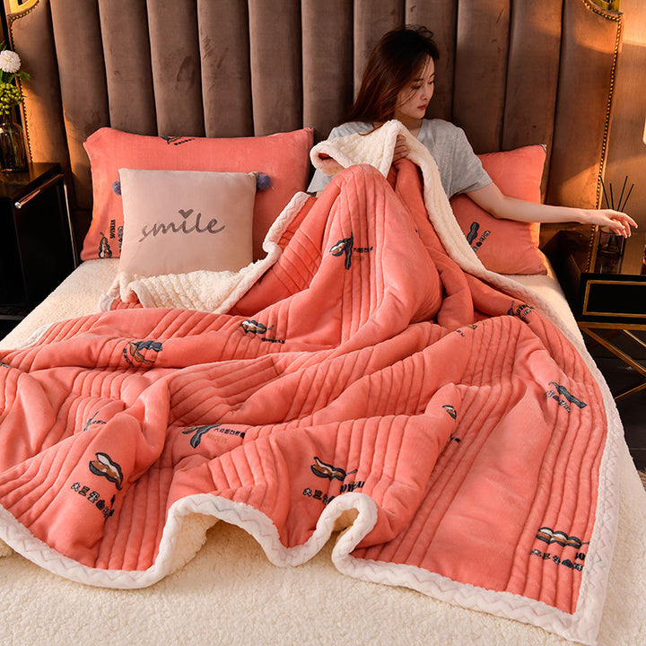 Three-layer quilted sherpa winter blanket