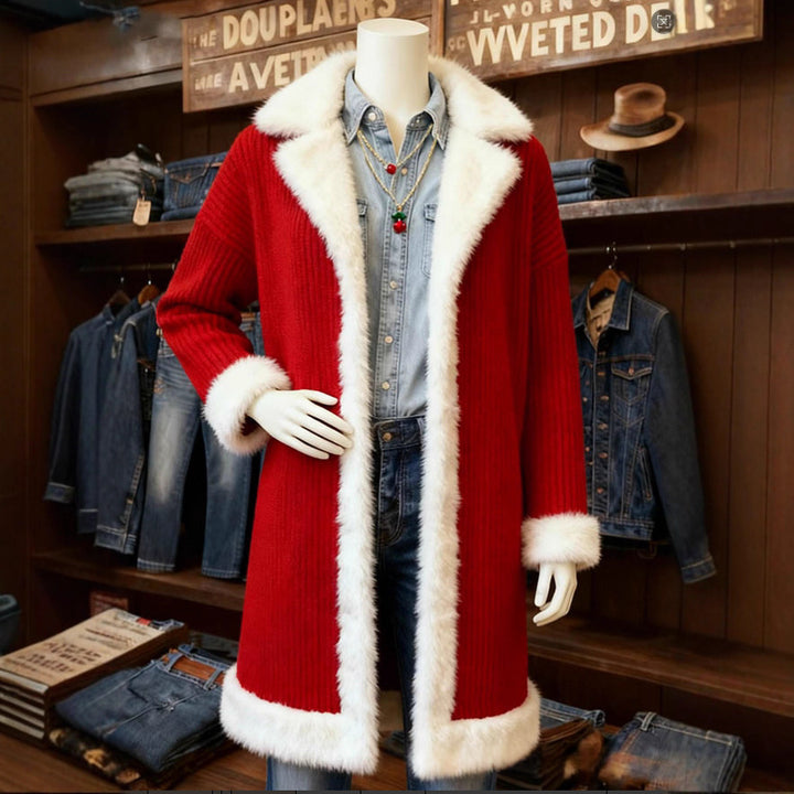 Woman in a red mid-length coat with white faux fur trim