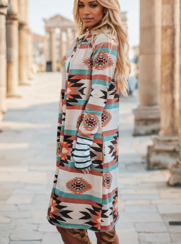 Woman in a long color-block cardigan